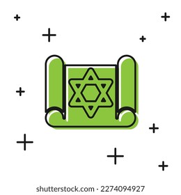 Black Torah scroll icon isolated on white background. Jewish Torah in expanded form. Star of David symbol. Old parchment scroll.  Vector