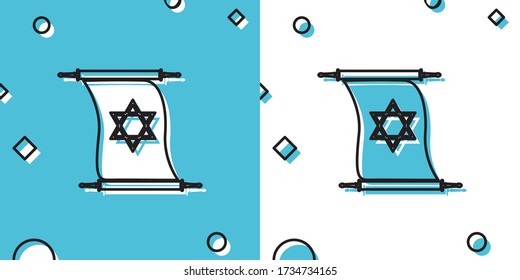Black Torah scroll icon on blue and white background. Jewish Torah in expanded form. Torah Book sign. Star of David symbol. Simple old parchment scroll. Random dynamic shapes. Vector Illustration