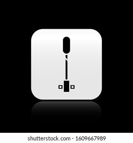 Black Torch flame icon isolated on black background. Symbol fire hot, flame power, flaming and heat. Silver square button. Vector Illustration
