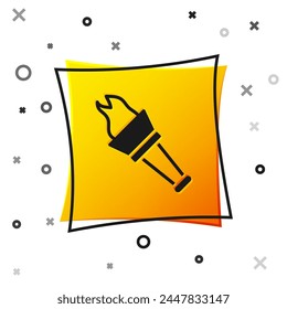 Black Torch flame icon isolated on white background. Symbol fire hot, flame power, flaming and heat. Yellow square button. Vector