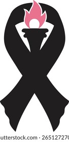 Black torch and ribbon silhouette with pink flame symbolizing determination in the fight against breast cancer, perfect for awareness banners or digital outreach
