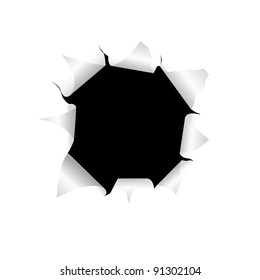 The black torn hole in a white paper