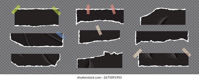 Black torn notebook paper with rough edges and sticky tape. Realistic ripped fragments for abstract banner, label, or office document background.