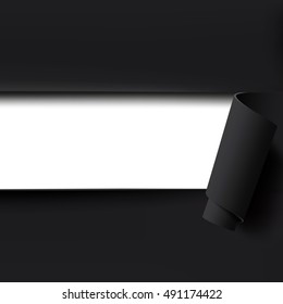 Black torn paper background with empty white space for text. Template for brochure, poster or flyer. Vector illustration.