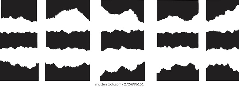 Colección de borde de papel rasgado negro aislado en blanco. Los bordes rasgados y ásperos crean texturas de contraste grunge dramáticas. Ideal para carteles, collages, marcas, superposiciones y Diseño gráfico moderno.