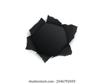 Black Torn paper Hole in paper on white background. Blank paper hole for design illustration. Black Torn Paper Hole Illustration on White Background, Realistic Blank  Hole for Creative Designs