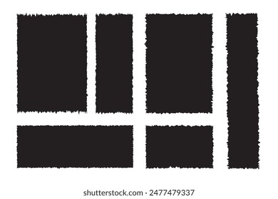 Black torn paper pieces on white background with different cuts. Torn Paper Texture Set. 