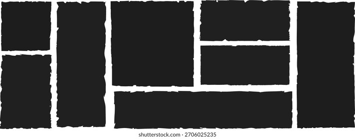  Piezas de papel rotas negras con bordes ásperos y textura grunge. Conjunto de Vector de marcos rectangulares rasgados para arte de collage, maqueta de pegatinas, caja de texto, diseño de etiquetas y Elementos aislados