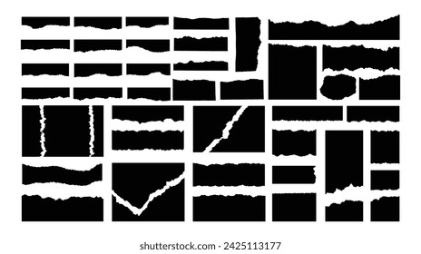 Black torn paper rip pieces of sheet edge, note scrap or notebook pages, vector backgrounds.	