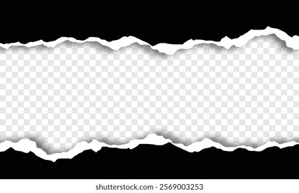 Black torn paper with Ripped edges isolated transparent horizontal banner background