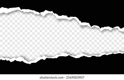 Black torn paper with Ripped edges isolated transparent background with shadow effect in horizontal banner