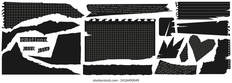 Black torn paper set. Notebook sheets, paper clippings for collage and scrapbooking. Contemporary vector design.