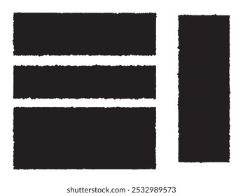 Black torn paper Strips and pieces, frame, sticker jagged rectangle shape. Notebook pages torn paper frame Vector illustration.