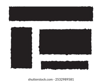 Papel preto rasgado Tiras e peças, moldura, adesivo forma retangular irregulares. Páginas do notebook rasgadas moldura de papel Ilustração vetorial.