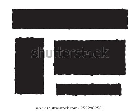 Black torn paper Strips and pieces, frame, sticker jagged rectangle shape. Notebook pages torn paper frame Vector illustration.