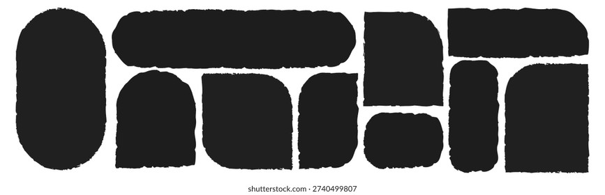 Black torn paper vector collection with rough jagged frames, grunge scrap silhouettes and ripped texture shapes, isolated on white for collage design, stickers, banners and creative graphics