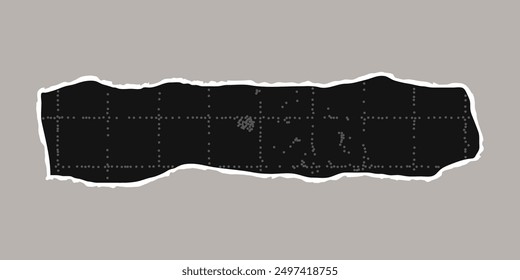 Black torn sheet of checkered paper with uneven edges. Black dotted textured background, noisy gritty dot effect. Banner template, empty space for text, sticker.