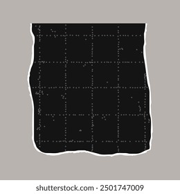Hoja de papel a cuadros desgarrada en negro con bordes irregulares. Fondo texturizado de puntos negros, ruidoso efecto de puntos arenosos. Plantilla de Anuncio, espacio vacío para texto, elemento grunge rasgado.