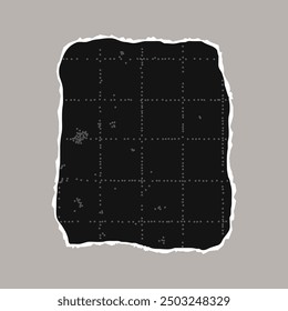 Feuille déchirée noire de papier à carreaux avec des bords dentelés. Arrière-plan texturé à pois noirs, effet de point graveleux bruyant. template de bannière, espace vide pour le texte, élément de collage déchiré.