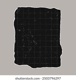 Black torn sheet of checkered paper with jagged edges. Black dotted textured background, noisy gritty dot effect. Banner template, empty space for text, torn distressed element.