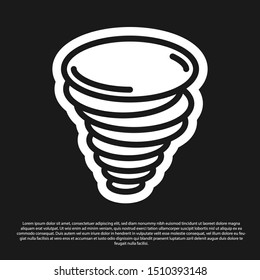 Black Tornado icon isolated on black background. Cyclone, whirlwind, storm funnel, hurricane wind or twister weather icon.  Vector Illustration
