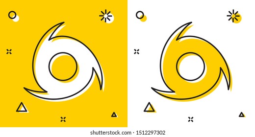 Black Tornado icon isolated on yellow and white background. Cyclone, whirlwind, storm funnel, hurricane wind or twister weather icon. Random dynamic shapes. Vector Illustration