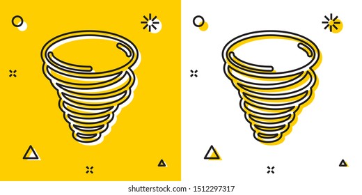 Black Tornado icon isolated on yellow and white background. Cyclone, whirlwind, storm funnel, hurricane wind or twister weather icon. Random dynamic shapes. Vector Illustration