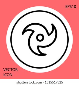 Black Tornado icon isolated on red background. Cyclone, whirlwind, storm funnel, hurricane wind or twister weather icon. White circle button. Vector Illustration
