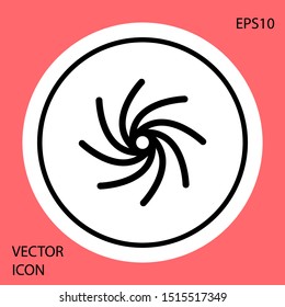 Black Tornado icon isolated on red background. Cyclone, whirlwind, storm funnel, hurricane wind or twister weather icon. White circle button. Vector Illustration