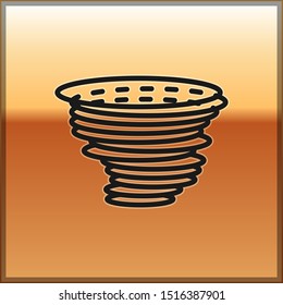 Black Tornado icon isolated on gold background. Cyclone, whirlwind, storm funnel, hurricane wind or twister weather icon.  Vector Illustration