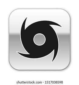 Black Tornado icon isolated on white background. Cyclone, whirlwind, storm funnel, hurricane wind or twister weather icon. Silver square button. Vector Illustration