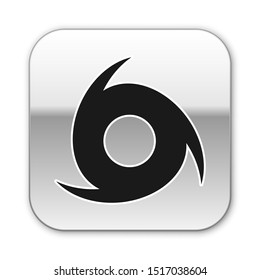 Black Tornado icon isolated on white background. Cyclone, whirlwind, storm funnel, hurricane wind or twister weather icon. Silver square button. Vector Illustration