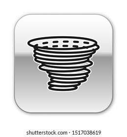 Black Tornado icon isolated on white background. Cyclone, whirlwind, storm funnel, hurricane wind or twister weather icon. Silver square button. Vector Illustration