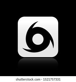 Black Tornado icon isolated on black background. Cyclone, whirlwind, storm funnel, hurricane wind or twister weather icon. Silver square button. Vector Illustration