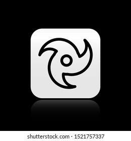 Black Tornado icon isolated on black background. Cyclone, whirlwind, storm funnel, hurricane wind or twister weather icon. Silver square button. Vector Illustration