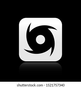 Black Tornado icon isolated on black background. Cyclone, whirlwind, storm funnel, hurricane wind or twister weather icon. Silver square button. Vector Illustration
