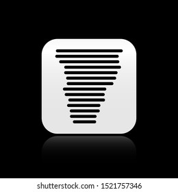 Black Tornado icon isolated on black background. Cyclone, whirlwind, storm funnel, hurricane wind or twister weather icon. Silver square button. Vector Illustration