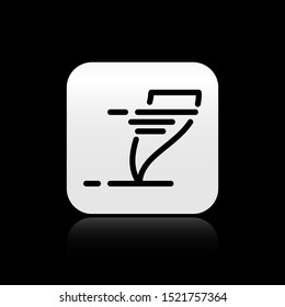 Black Tornado icon isolated on black background. Cyclone, whirlwind, storm funnel, hurricane wind or twister weather icon. Silver square button. Vector Illustration