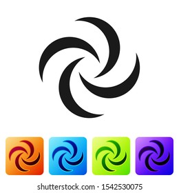 Black Tornado icon isolated on white background. Cyclone, whirlwind, storm funnel, hurricane wind or twister weather icon. Set icons in color square buttons. Vector Illustration