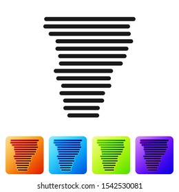 Black Tornado icon isolated on white background. Cyclone, whirlwind, storm funnel, hurricane wind or twister weather icon. Set icons in color square buttons. Vector Illustration
