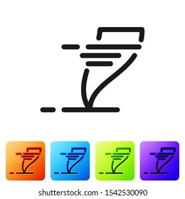 Black Tornado icon isolated on white background. Cyclone, whirlwind, storm funnel, hurricane wind or twister weather icon. Set icons in color square buttons. Vector Illustration