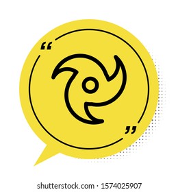 Black Tornado icon isolated on white background. Cyclone, whirlwind, storm funnel, hurricane wind or twister weather icon. Yellow speech bubble symbol. Vector Illustration