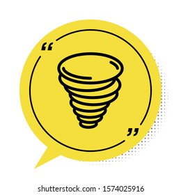 Black Tornado icon isolated on white background. Cyclone, whirlwind, storm funnel, hurricane wind or twister weather icon. Yellow speech bubble symbol. Vector Illustration
