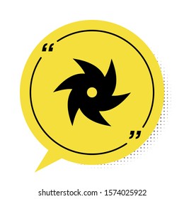 Black Tornado icon isolated on white background. Cyclone, whirlwind, storm funnel, hurricane wind or twister weather icon. Yellow speech bubble symbol. Vector Illustration