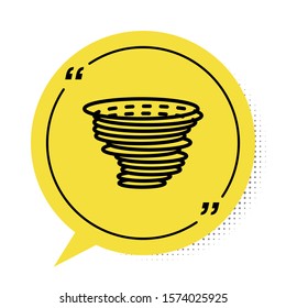 Black Tornado icon isolated on white background. Cyclone, whirlwind, storm funnel, hurricane wind or twister weather icon. Yellow speech bubble symbol. Vector Illustration