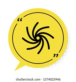 Black Tornado icon isolated on white background. Cyclone, whirlwind, storm funnel, hurricane wind or twister weather icon. Yellow speech bubble symbol. Vector Illustration
