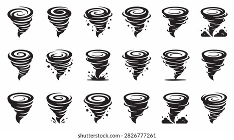 Black Tornado Icon Set with Dynamic Wind and Storm Variations