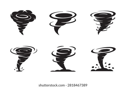 Black tornado storm silhouettes collection weather cyclone graphics swirling wind vortex flat vector art.