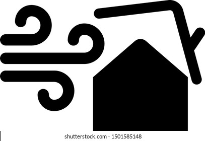 Black Tornado Swirl Damages House Roof Icon Isolated On White Background. Cyclone, Whirlwind, Storm Funnel, Hurricane Wind Icon.  Vector Illustration