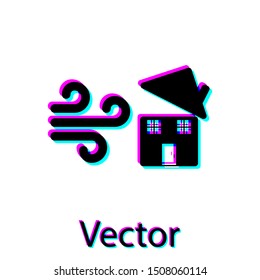 Black Tornado swirl damages house roof icon isolated on white background. Cyclone, whirlwind, storm funnel, hurricane wind icon.  Vector Illustration